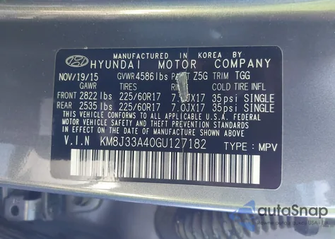 2016 Hyundai Tucson Se from USA, damaged, VIN KM8J33A40GU127182